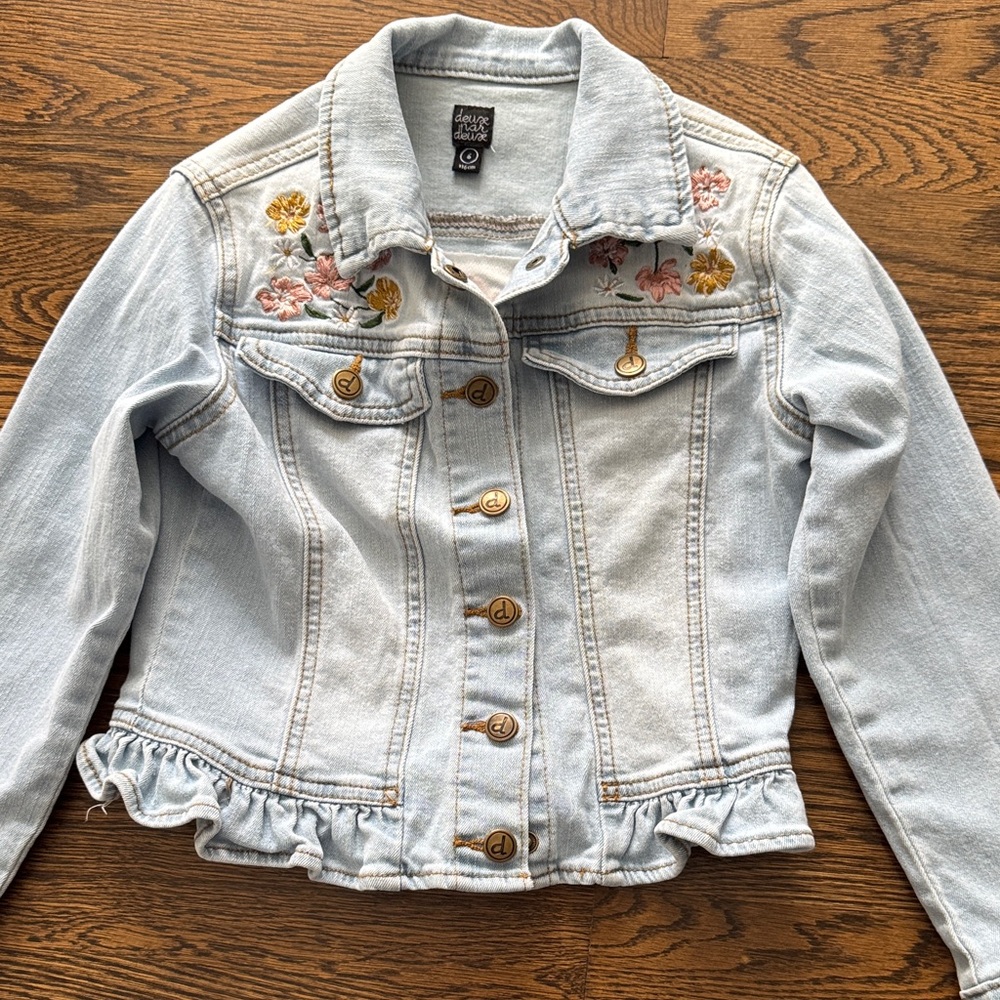 Deux par Deux Light Blue Jean Jacket with Floral Embroidery